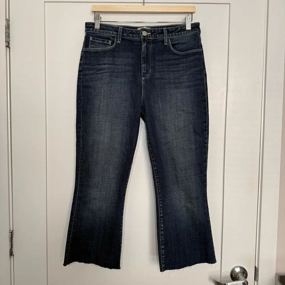 L’agence Kendra Jeans Womens Sz 30 Dark Blue High Rise Cropped Flare Raw Hem